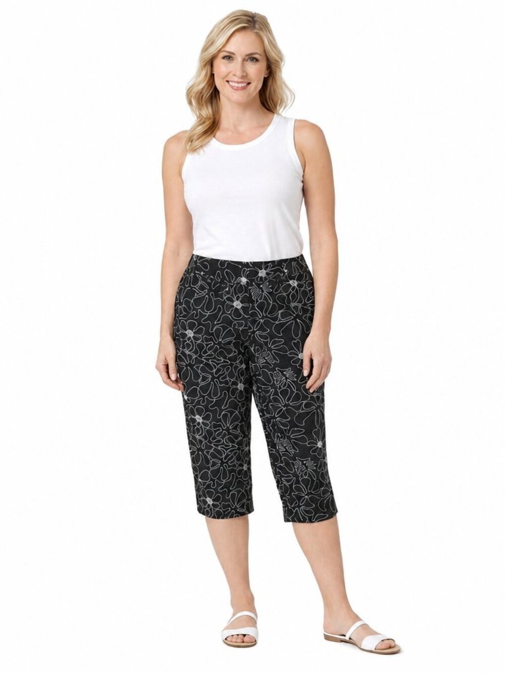 Talbots Black and White Floral Embroidered Capris Size 14
